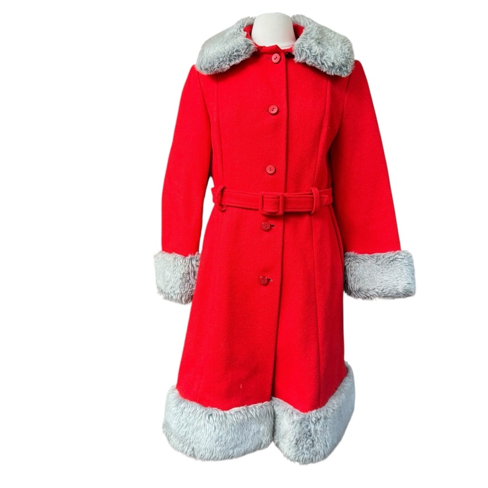 VTG 70s Coat Long Red Belted Faux Fur collar and bottom Juniors Sz 13 Holiday